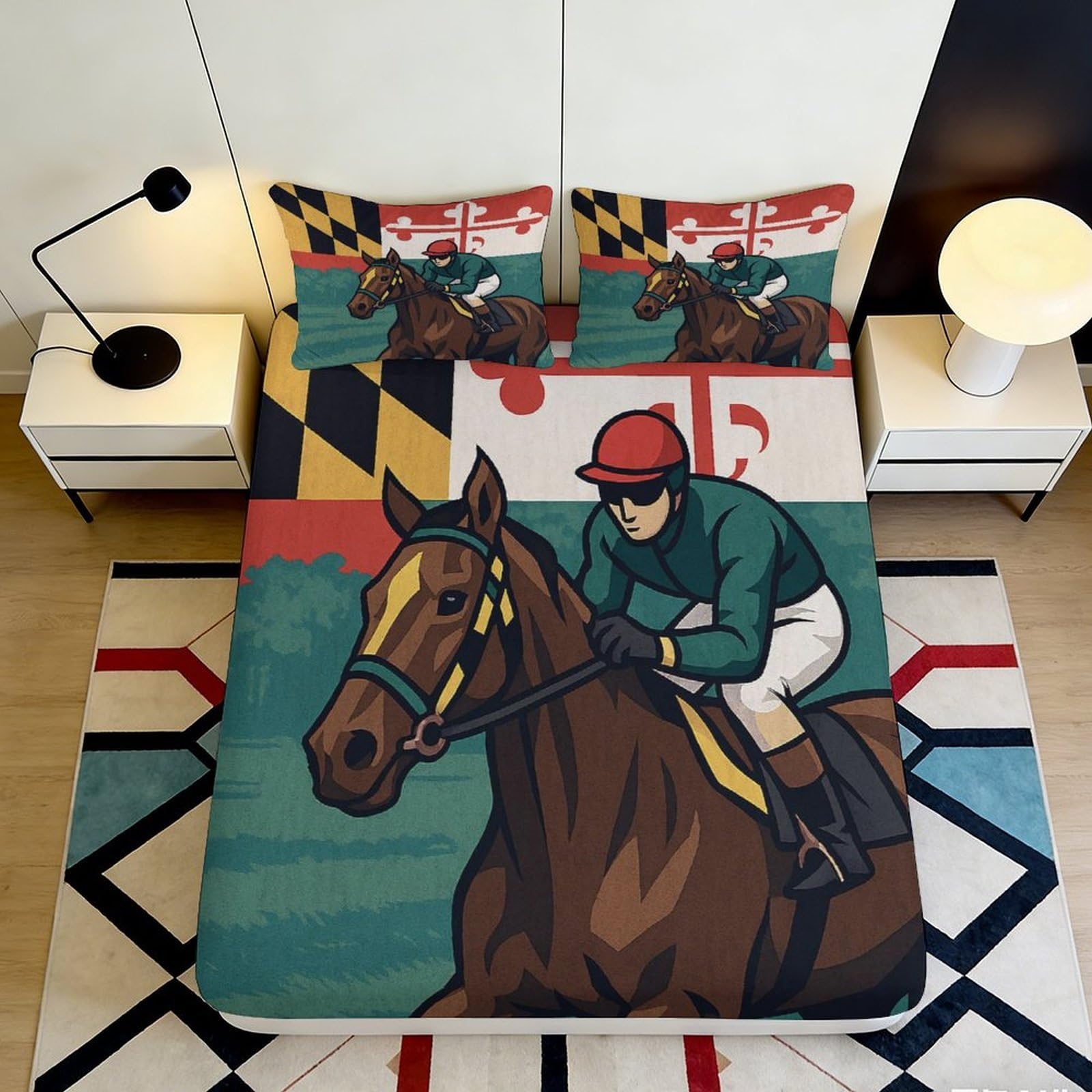 3D Printed Horse Racing Fitted Sheet Microfiber Durable Breathable Maryland Flag Bed Cover for Bedroom Dormitory Guest Room Mattress Protection 90x200x25cm