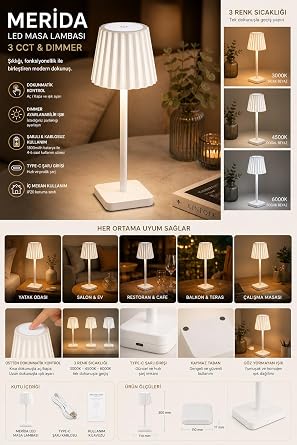 Merida Şarjlı LED Masa Lambası | 3 Renk (3000K-4500K-6000K) Dimmer Ayarlı | Dokunmatik | Kablosuz | Type-C Şarjlı | Dekoratif Ambiyans Aydınlatma | 38 cm (BEYAZ) [Enerji Sınıfı F]