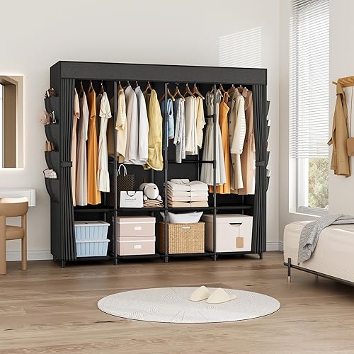 Miniatura 8 de Armario Portátil para Colgar Ropa, Armario Portátil de 67 Pulgadas de Ancho con Cubierta, 4 Barras para Colgar, Estantes de Almacenamiento y