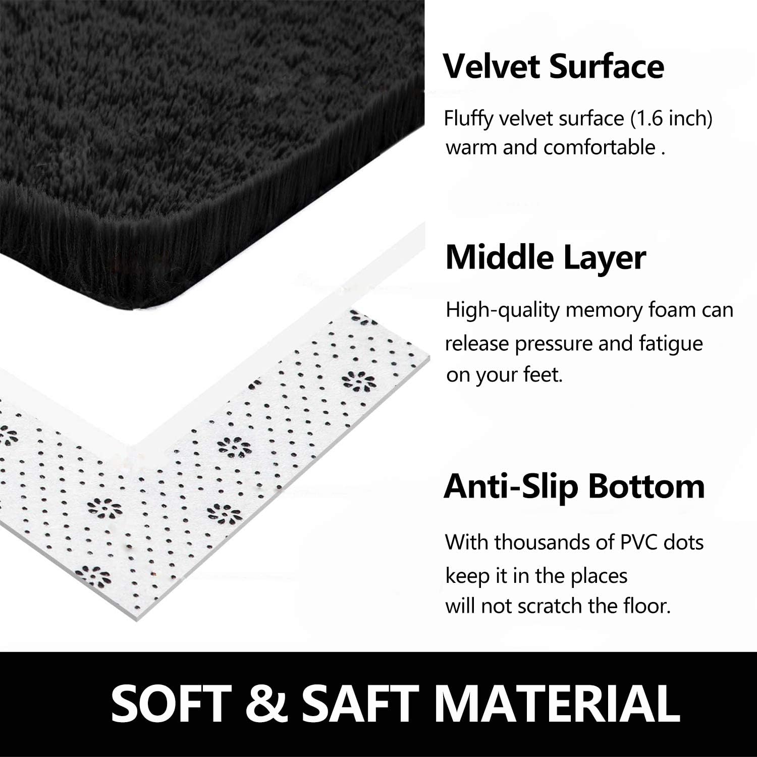 Soft Fluffy Modern Area Rug Non-Slip Plush Machine Washable Floor Carpet 1 2 3 (Black, 2X3 Feet)