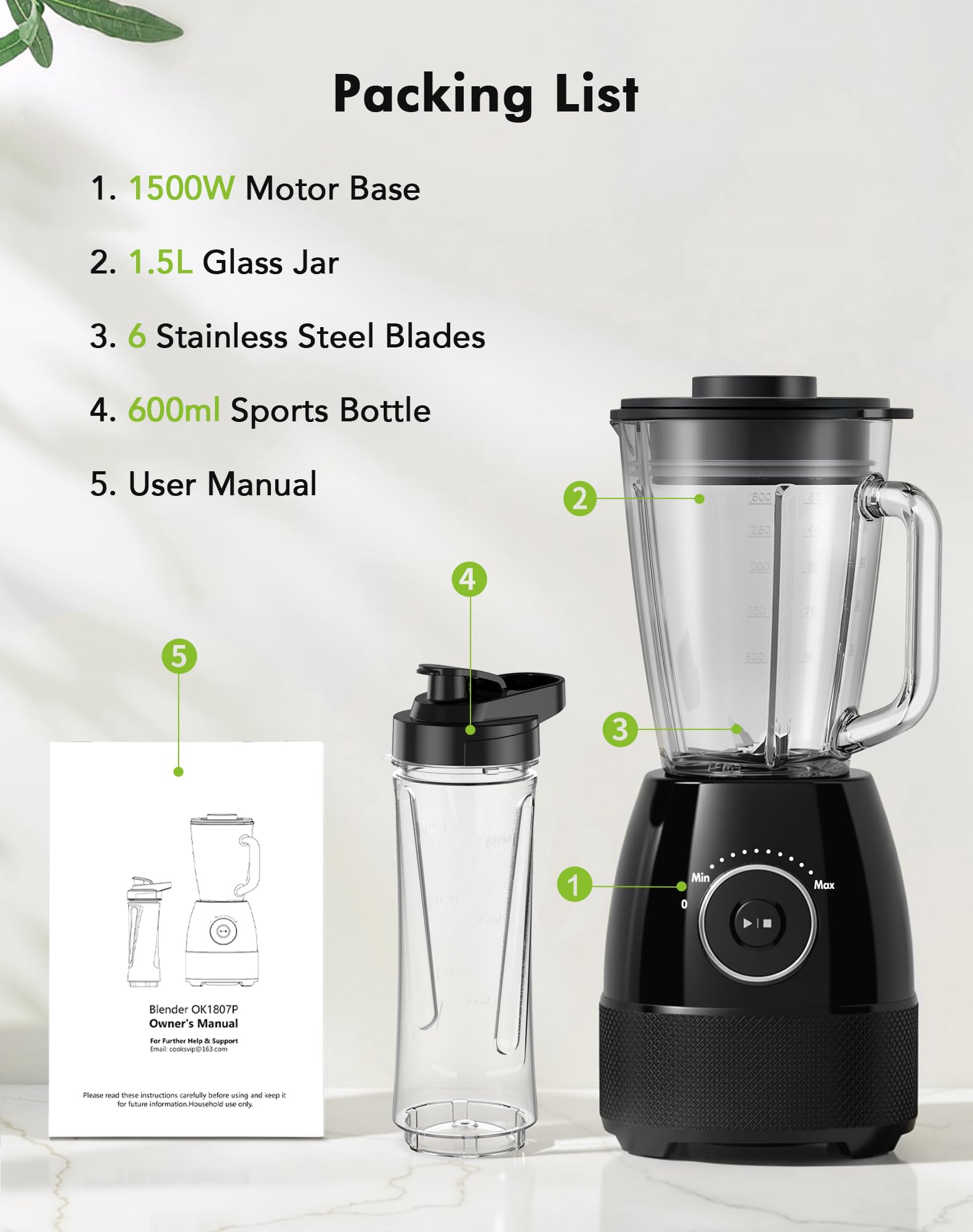 Blender blendera, 1500 W Smoothie blender 24000 obr/min, 12 regulowanych prędkości, 6 ostrzy ze stali nierdzewnej ze szklaną miską 1,5 l / butelka sportowa 600 ml bez BPA Łatwa obsługa i czyszczenie