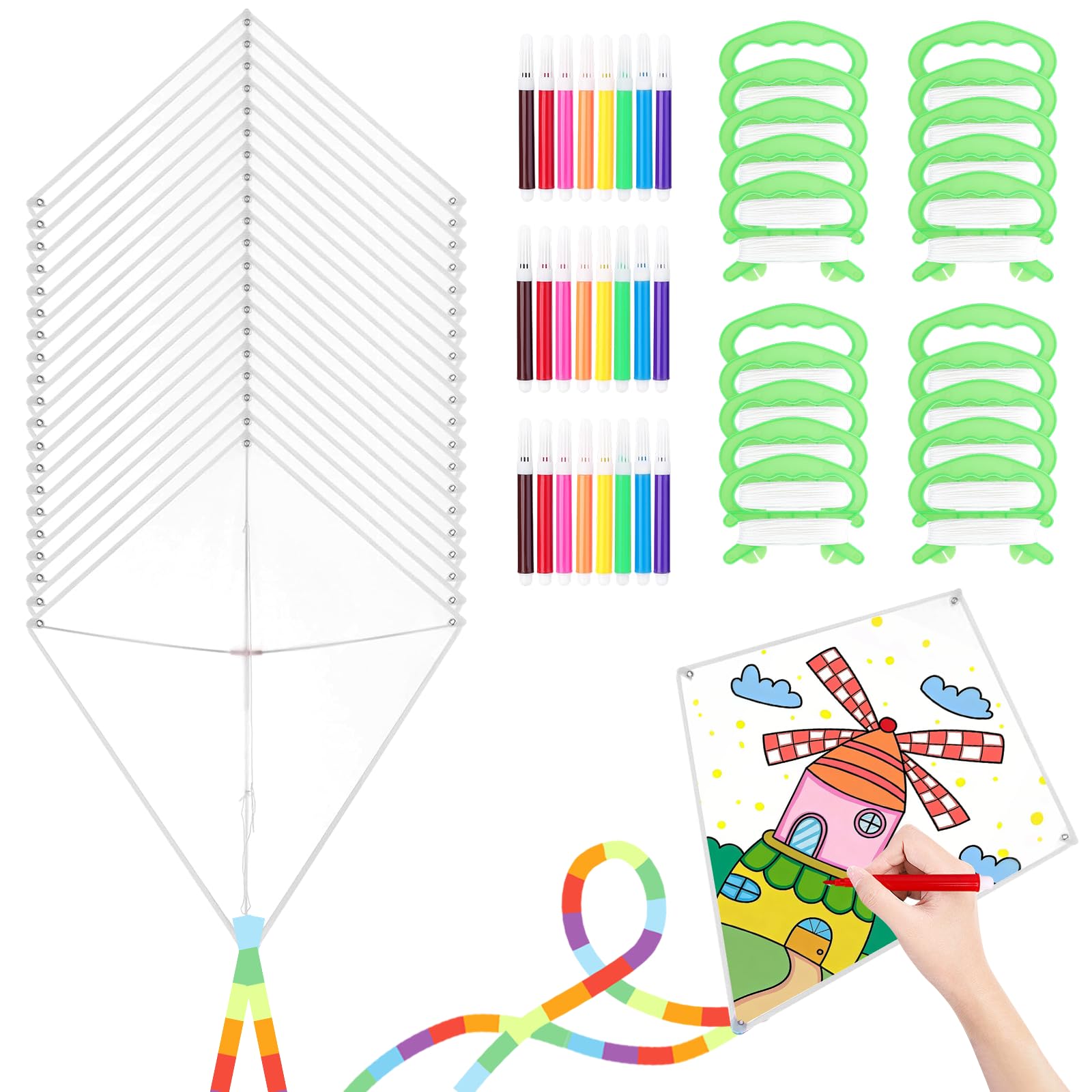 20 Packs DIY Blank Kites,Bulk Kite Making Kit Diamond Shaped Kite with 24 DIY Watercolor Pens, Easy to Fly Kites for Kids Ages 4+ 50 * 60cm PaperKite for Adults Beach Toys Outdoor Games Accessories