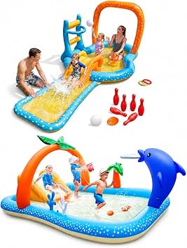 Inflatable Kiddie Pool with Slide & Splash Pad Bundle, Backyard Water Play Center, Large Toddler Pool for Kids Outdoor Summer Water Toys