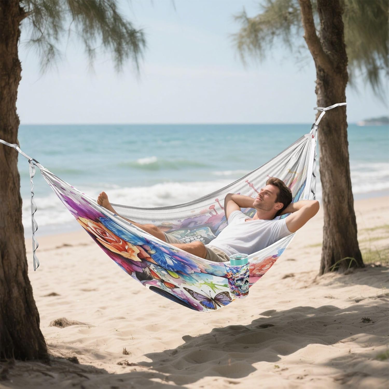 ALAZA Skull Rose & Butterfly Camping Hammocks Single or 2 Person 500 lbs Portable Parachute Travel Hammock w/Tree Straps for Hiking Backpacking Indoor Outdoor