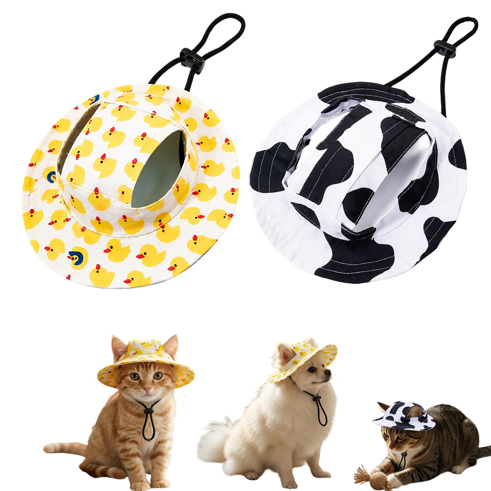 2-Piece Dog Sun Hat Set, Dog Hats,Size L Duck And Black Cow Pattern Pet Hat, Sun Shade For Dogs and Cats Summer Outdoor Walking
