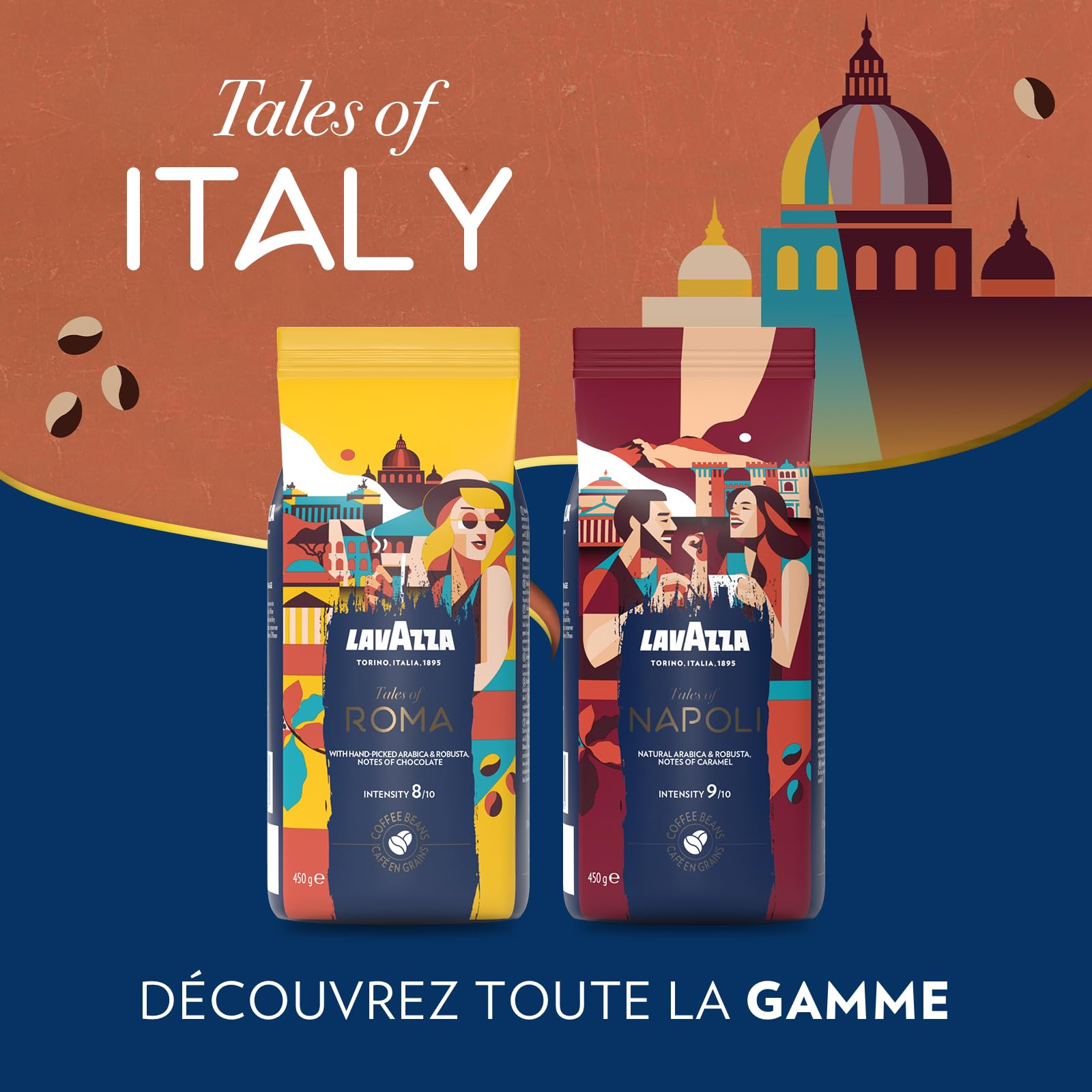 Lavazza, Tales of Napoli, Café en Grains, 450 g, pour les Machines à Café Automatiques, Notes de Cacao et de Caramel, Arabica et Robusta, Intensité 9/10, Torréfaction Foncée