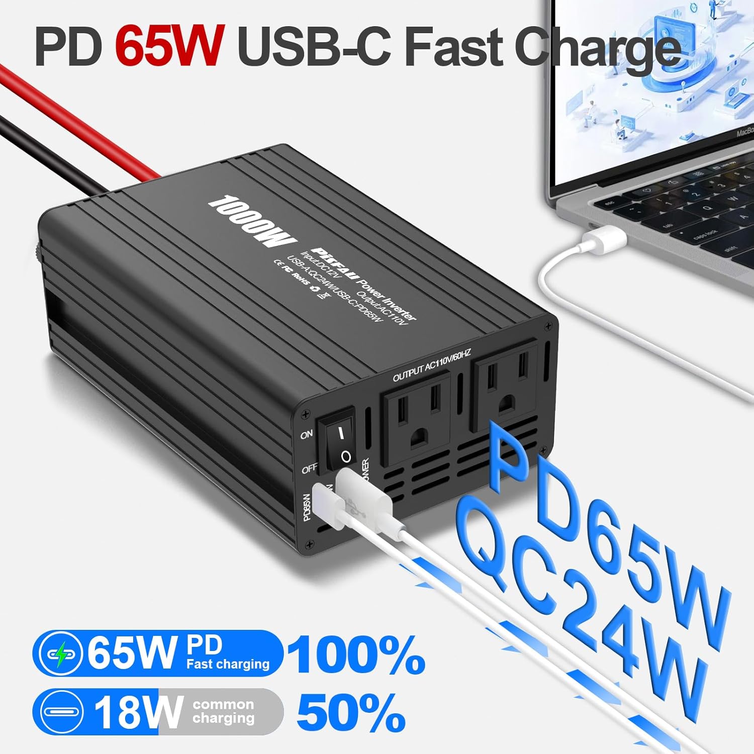 PiSFAU 1000w Inverter 12V to 110V, Power Inverter for Vehicles 1000 watts, Dc to AC Converter with 65W USB-C Inverter Charger for Road Strip, Camping, Emergency