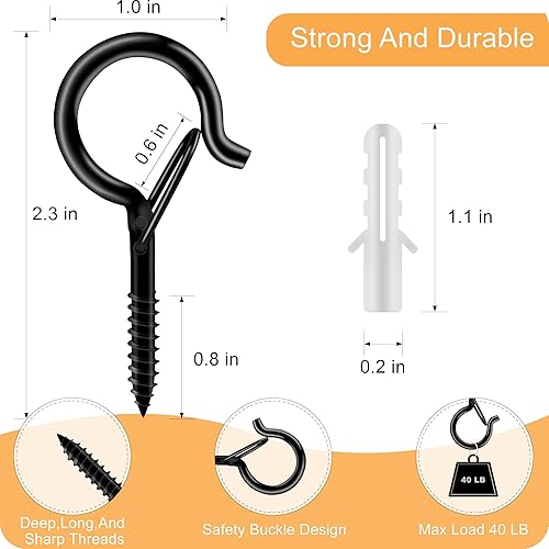 Miniatura 7 de Ganchos de tornillo negros con bloqueo de seguridad, ganchos de techo de metal inoxidables de 2.3 pulgadas para plantas colgantes, cestas, luces de