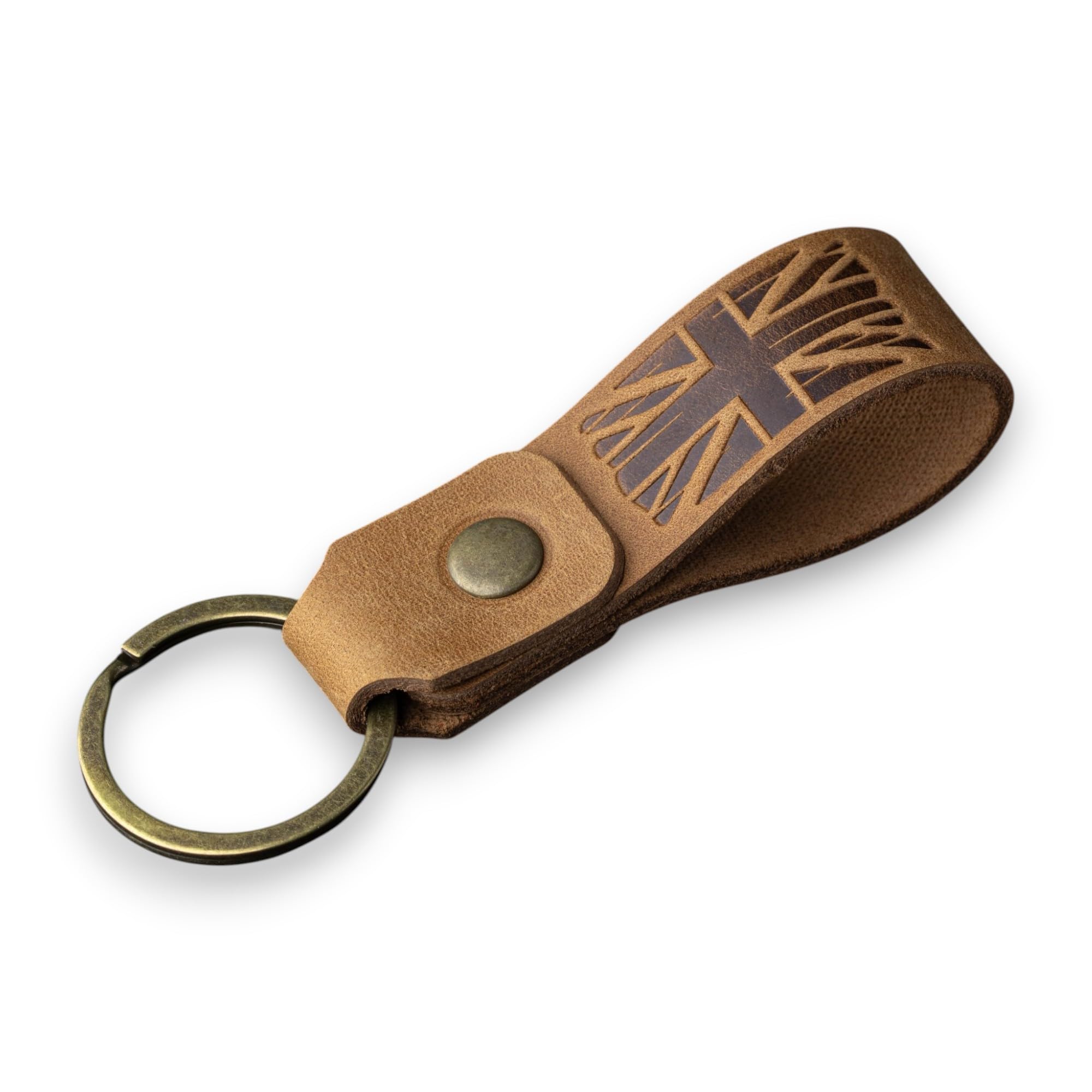 MAGOR Compact Leather Keyring for Men & Women – Personalised Crazy Horse Leather Keychain in Tan, Car Keyring, Hot Embossed Design, Gift for Him Her Mum Dad (Flag)