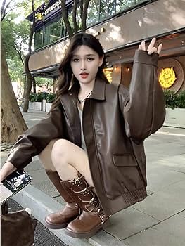 Amazon.co.jp: Women's Jacket Brown Leather Jean Women's
