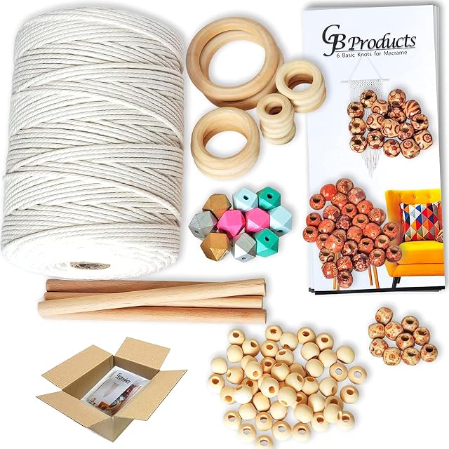 Macrame Kit - 219 Yards (657 Feet) Cotton Cord 3mm -132 Pcs Macrame Supplies - Natural Rope, Wooden Sticks Hoops Rings, Colored Beads & Book, Macrame Kits for Adults Beginners