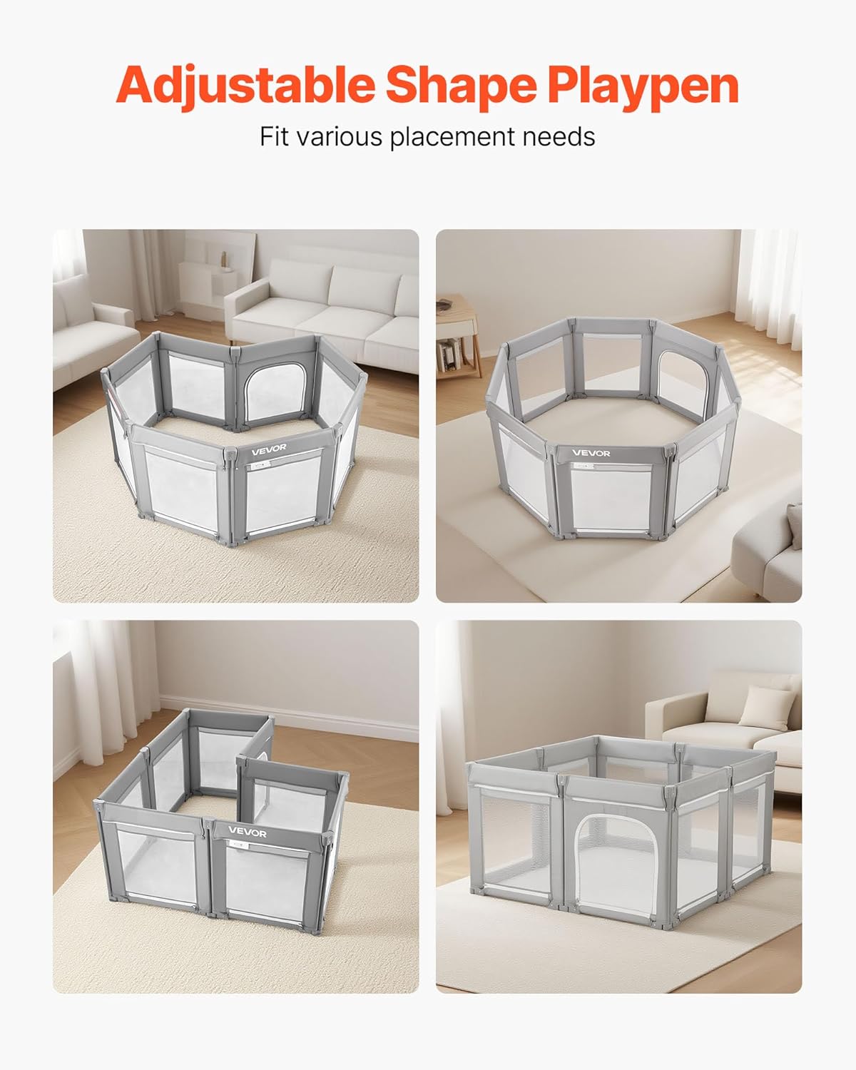 VEVOR Baby Playpen, 47.2″ x 47.2″ Foldable Toddlers Playpen, Indoor/Outdoor Baby Fence Play Yard with Zippered Door & Soft Breathable Mesh, No-Gap Toddlers Activity Center for 6-24 Months Babies