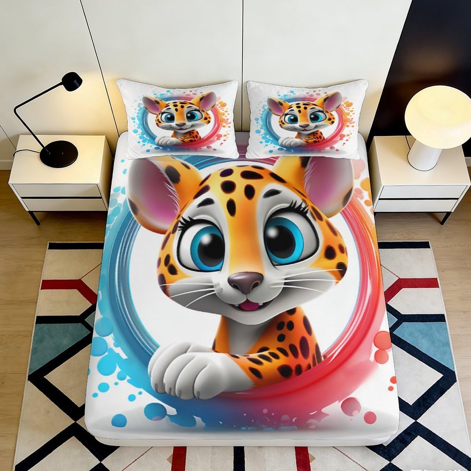 3D Printed Cartoon Leopard Fitted Sheet Microfiber Deep Pocket Cartoon Leopard Mattress Fitted Cover Non-Slip for Bedroom 90x200x25cm