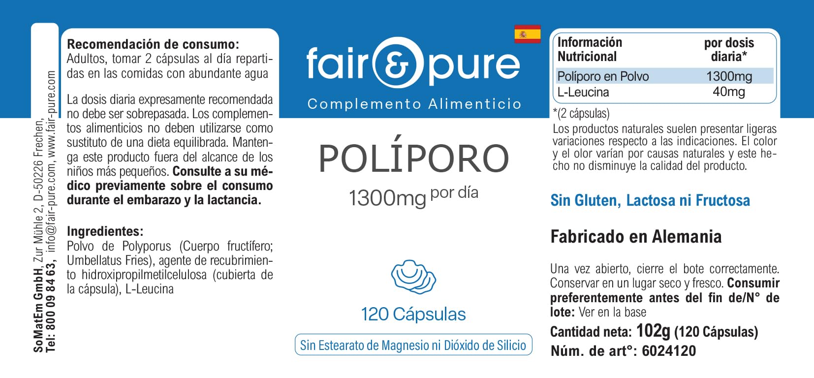 Fair & Pure® - Polyporus umbellatus - Polyporus 1300mg - Vegan - Polvere in capsule - 120 Capsule