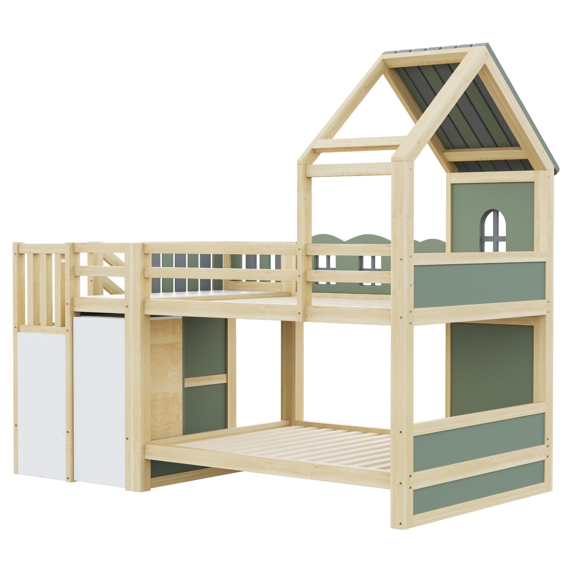 Kinder-Etagenbett 90 x 200 cm, Mit Bettgitter in Wolkenform, Dachkonstruktion Mit Fenstern, Stauraumleiter, Regalen und Schubladen, Kinderbett aus Holz, Bett für Jungen und Mädchen, Doppelbett(Grün)