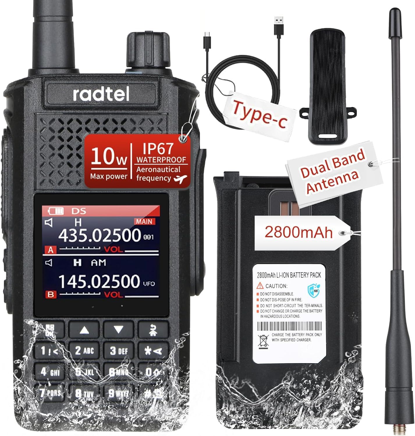 Radtel RT-630 IP67 Waterproof 10W Full Bands Ham Radio, Aviation Air Band Long Range Handheld Walkie Talkie, 18-630Mhz Receiver, USB-C 2800mAh Battery Aviation UHF VHF Marine