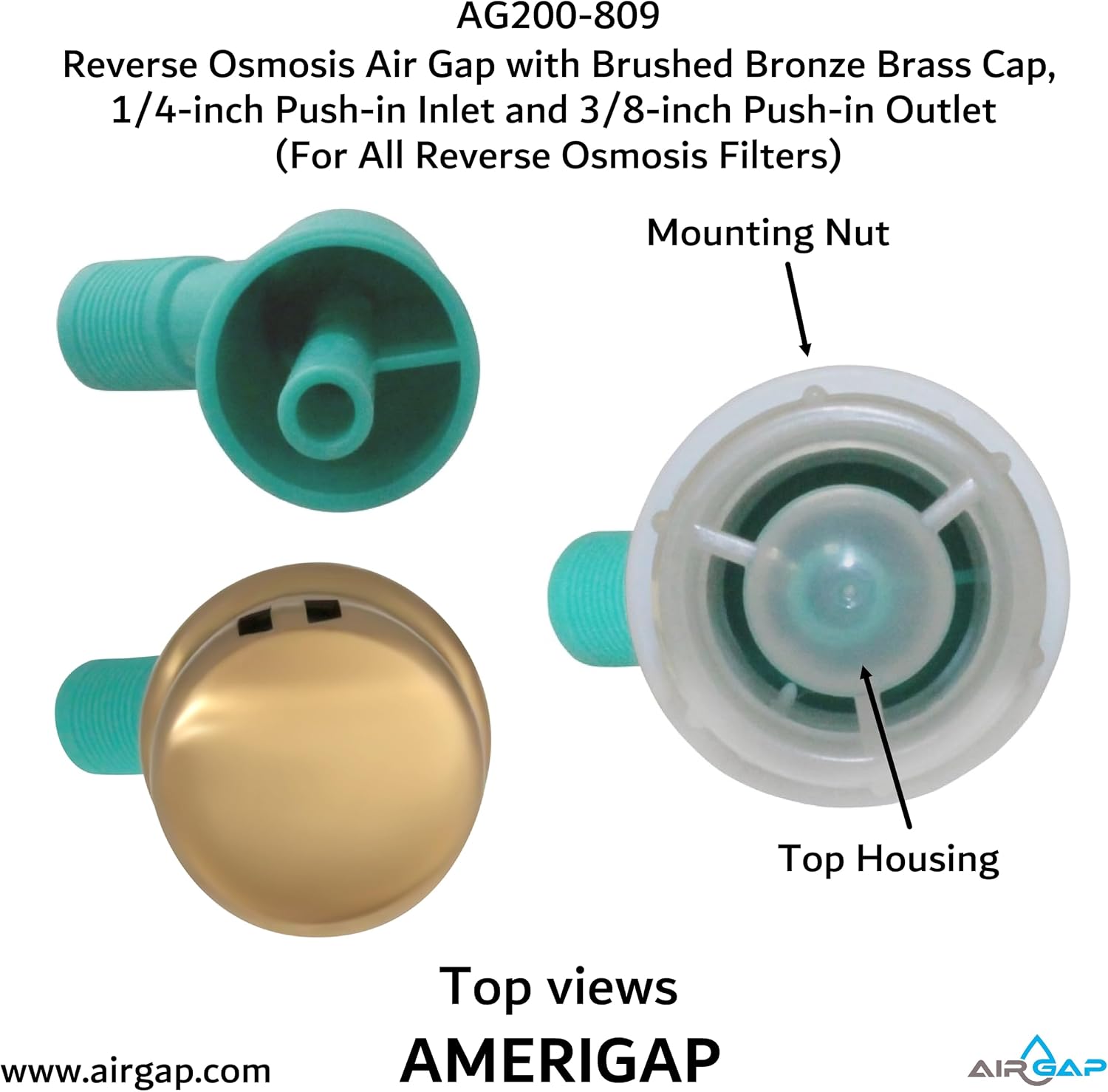 Reverse Osmosis Air Gap with Brushed Bronze Brass Cap, 1/4-inch Push-in Inlet and 3/8-inch Push-in Outlet (For All Reverse Osmosis Filters) (AG200-809, AG200-X09, AMERIGAP)