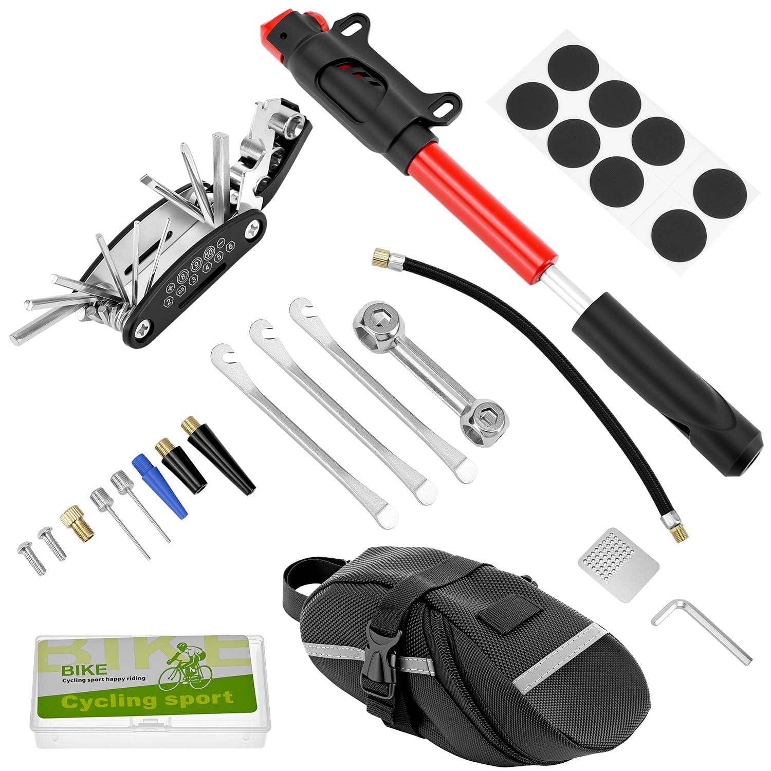 QWORK® Bike Tool Kit, 16-in-1 Bike Repair Kit, Mini Pump, Tire Levers,Tire Patch Kit, for Mountain & Road Bikes