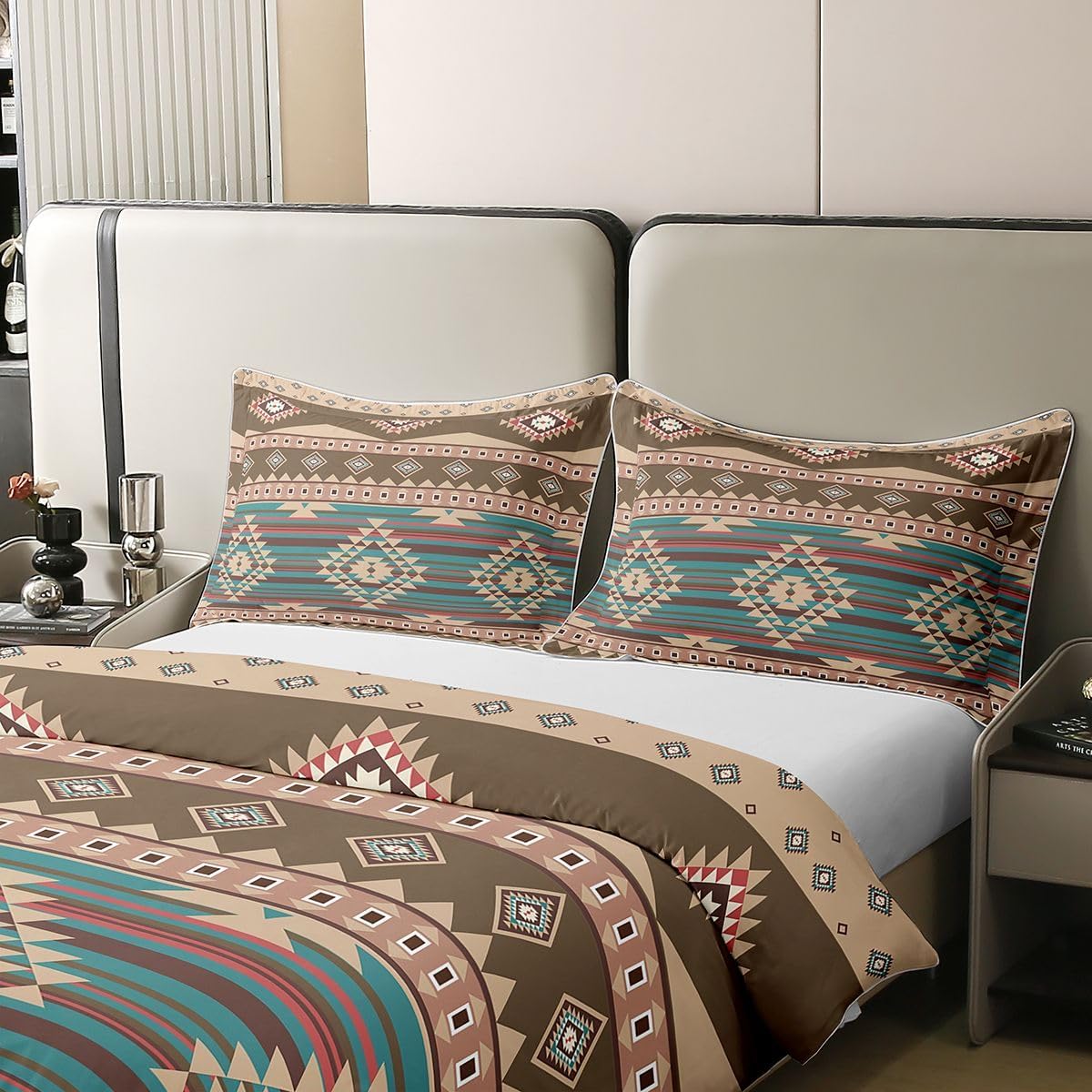 King Size Southwestern Duvet Cover 100% Cotton Geometric Pattern Bedding Set for Kids Tribal Style Comforter Cover Set Native American Design Brown Bedspread Cover Room Decor Bedclothes Zipper