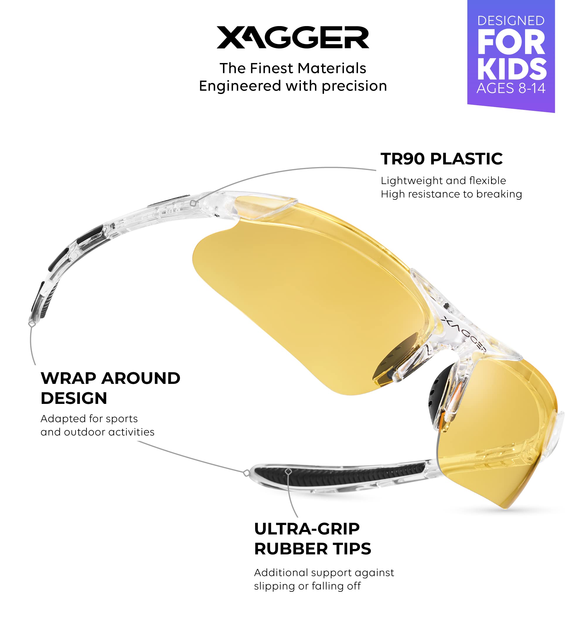 Polarisierte Sport-Sonnenbrille für Kinder, Jungen, Mädchen, Baseball-Softball-Brille, TR90-Rahmen, transparent, gelbe Nachtsicht, Alter 8–14 Jahre