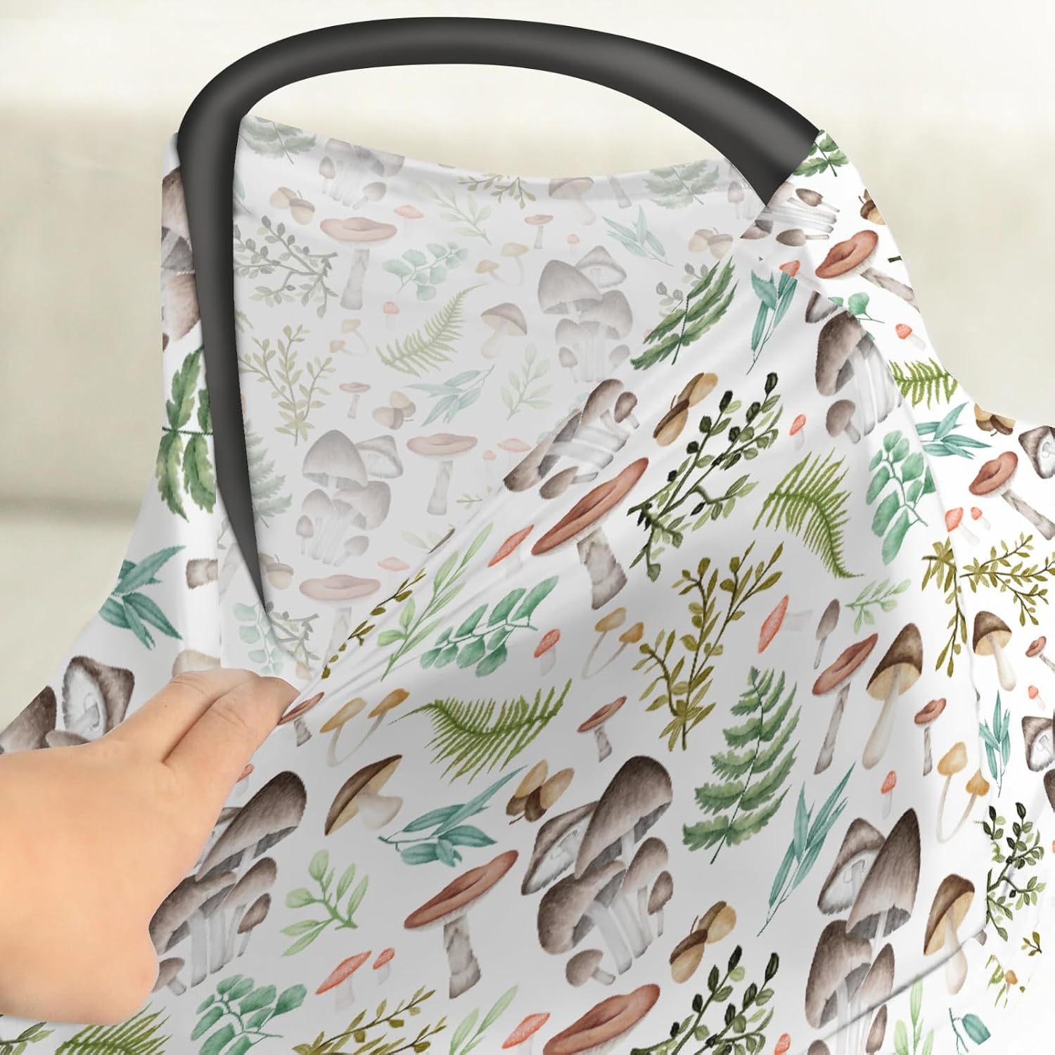 Vintage Mushroom Forest Baby Car Seat Covers Retro Mushrooms Green Leaves Stretchy 5-in-1 Cover Adjustable Infant Carseat Cover Canopy Magical Forest Plant Breathable Nursing Cover-Up