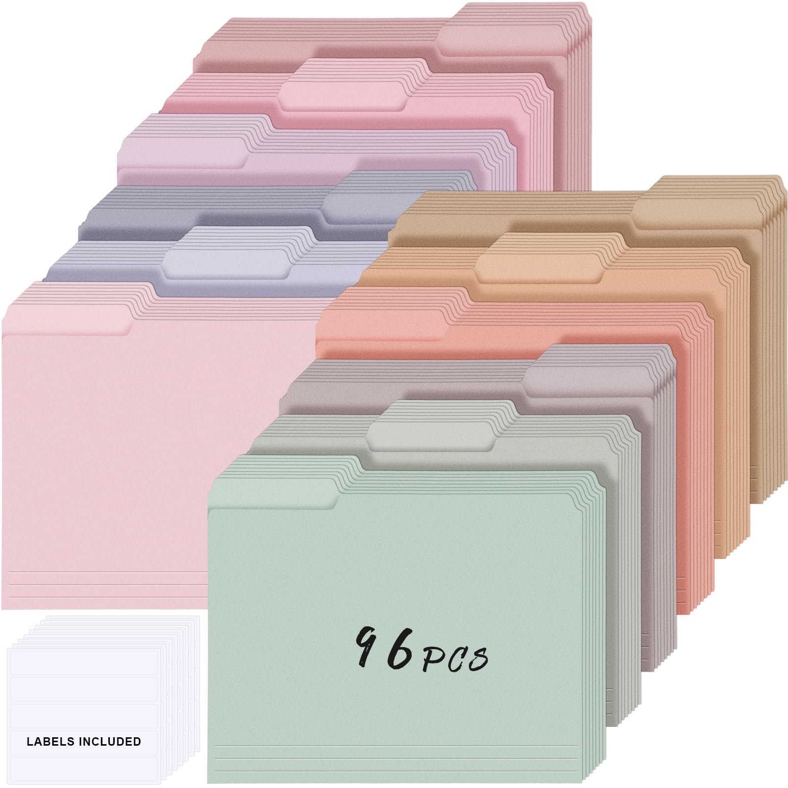 Resholder 96 Pcs Colored Manila File Folders Letter Size with Labels 9.49 x 11.61 Inch 1/3 Cut Tab file Folders for Office Organizer Dividers Notes (