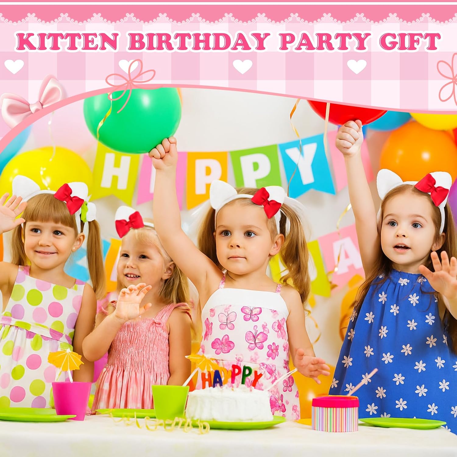 Knitgrip 12 Pcs Kitten Cat Ears Headbands Pink Bow Kitty Birthday Decoration for Party Favor Backdrop Kitten Bow Hair Costume