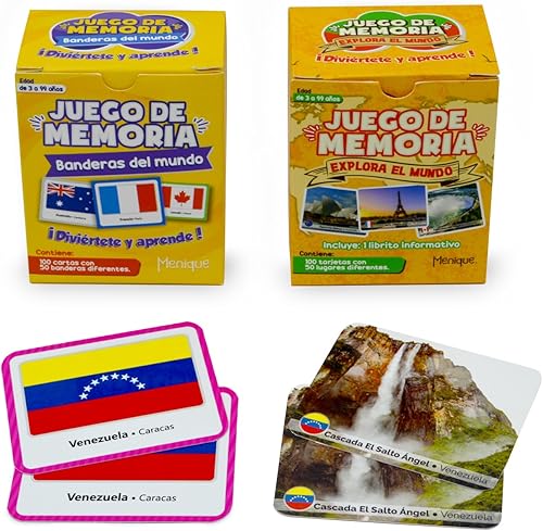 Menique Paquete de juego de memoria español  Banderas del Mundo + Explora el Mundo  200 cartas, 100 pares  Banderas, capitales y lugares icónicos