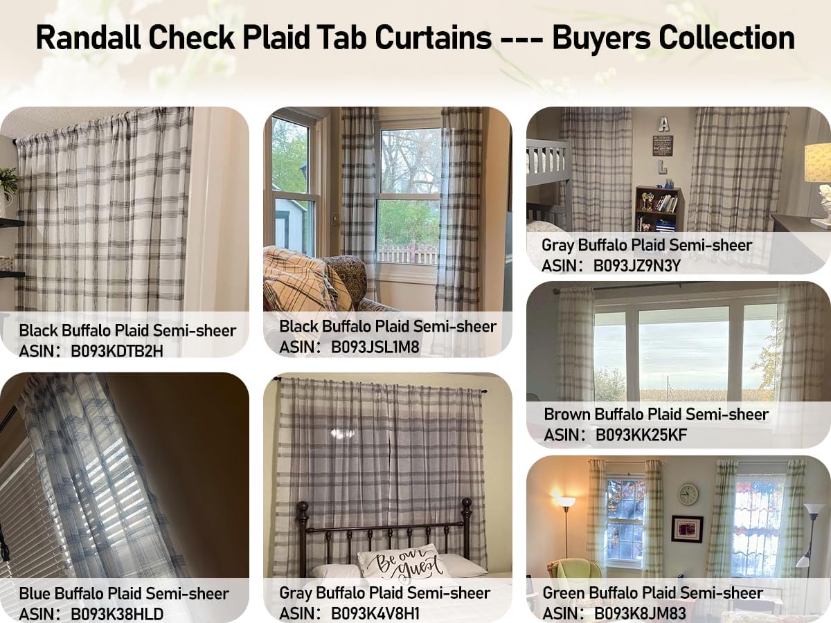 Randall Buffalo Plaid Semi Sheer Curtains for Living Room Linen-Look Geometric Light Filtering Dining Room Window Drape for Farmhouse Bedroom Study Room,Brown/White,54x84 inch Long,2 Panels