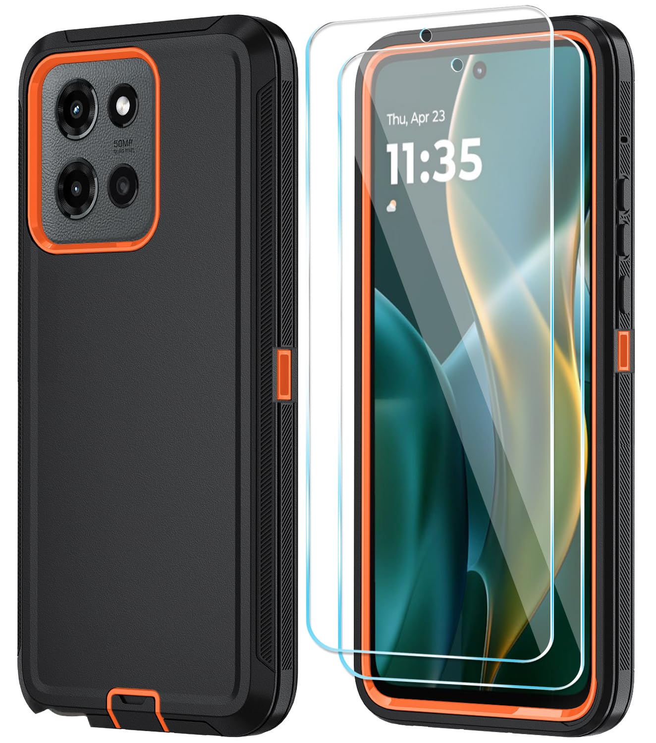 Qinmay Phone Case for Motorola Moto G Stylus 2025/Stylus 5G 2026 Case with HD Screen Protector, Heavy Duty Shockproof & Cover Phone Case，BlackOrange