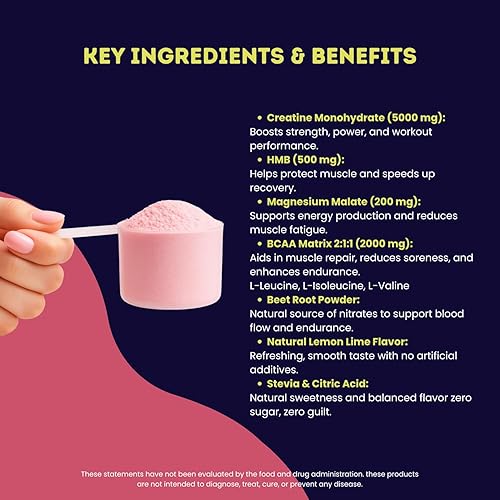 Miniatura 8 de Polvo de creatina micronizada con BCAA + HMB para crecimiento muscular, fuerza y recuperación  Sabor a lima limón  30 porciones