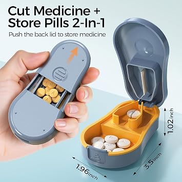 Pill Cutter Splitter for Small and Tiny Pills - 1/2 Accurately Cuts -Easy Open Snap Button.Wrap-Around Blade Guard Prevents Cuts. Detachable V-Shaped Pad. Back Storage(Blue)