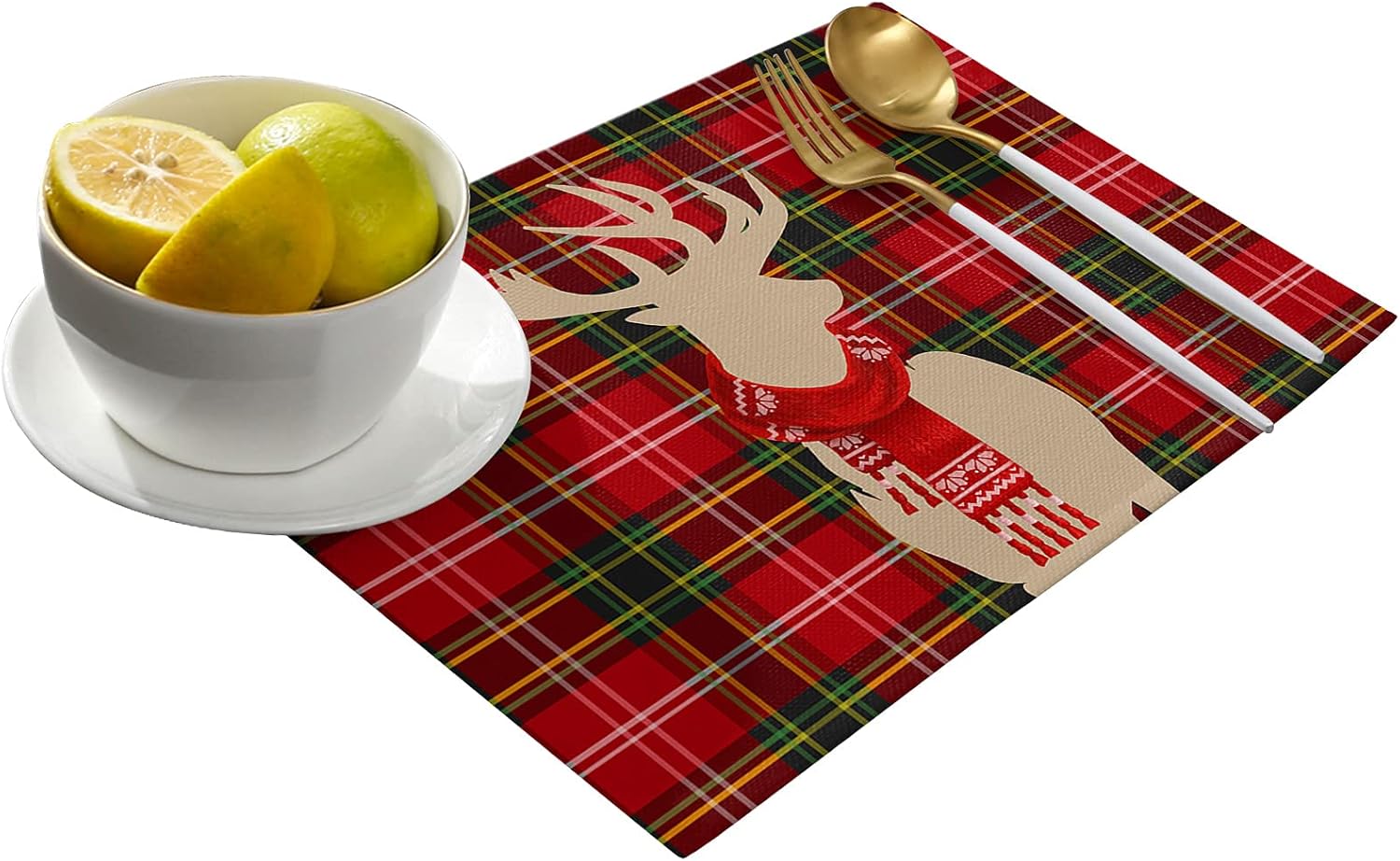 Daleng Christmas Reindeer Placemats Set of 6 for Dining Table, Elk with Scarf Red Green Buffalo Plaid Durable Washable Non-Slip Heat Insulation Place Mats Parties BBQ Winter Holidays 6PCS