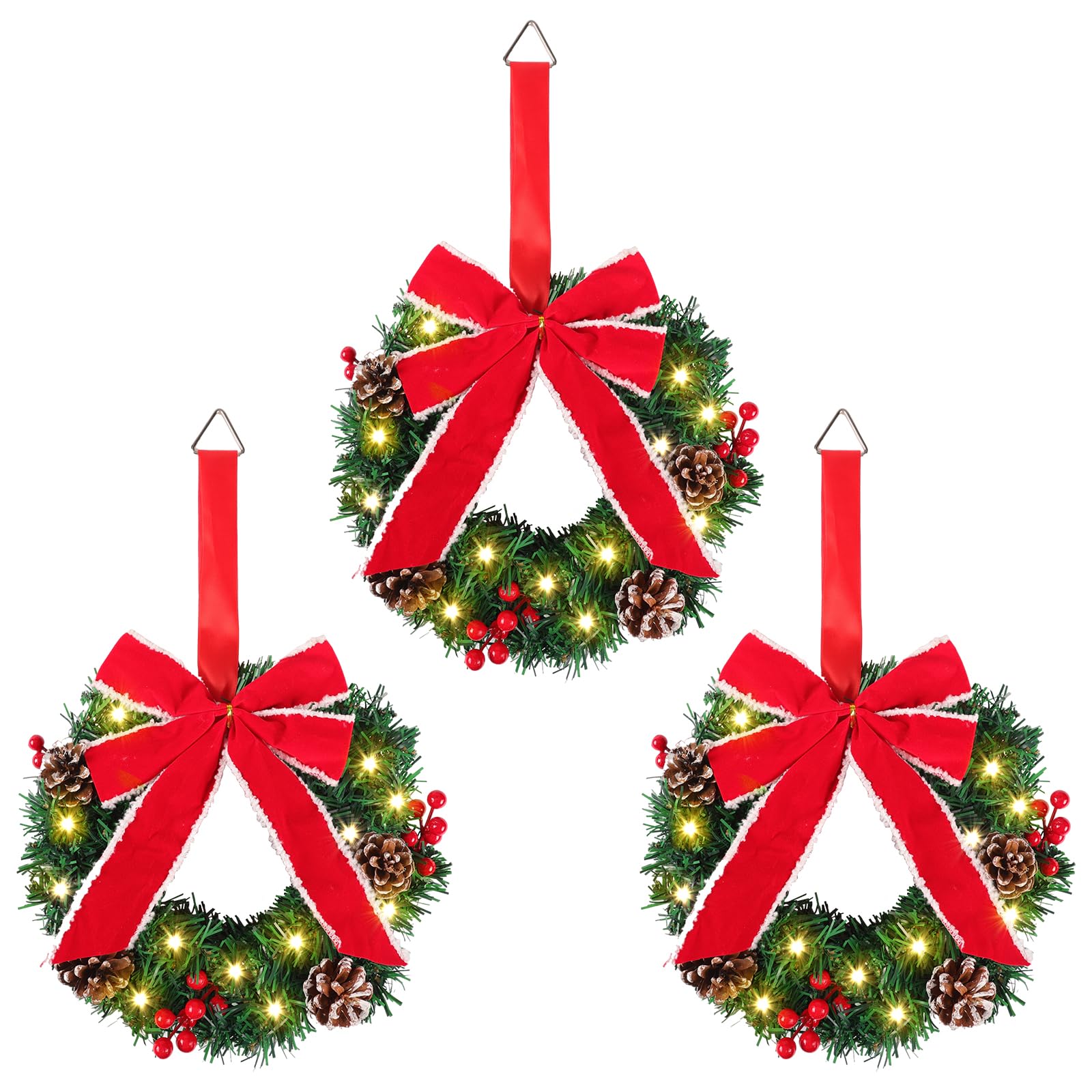 CEWOR Set of 3 15in Christmas Wreaths Lighted Artificial Christmas Wreath with Large Red Bow & Ornaments Battery Operated with LED Lights for Front Door Gate Wall Christmas Party Decorations