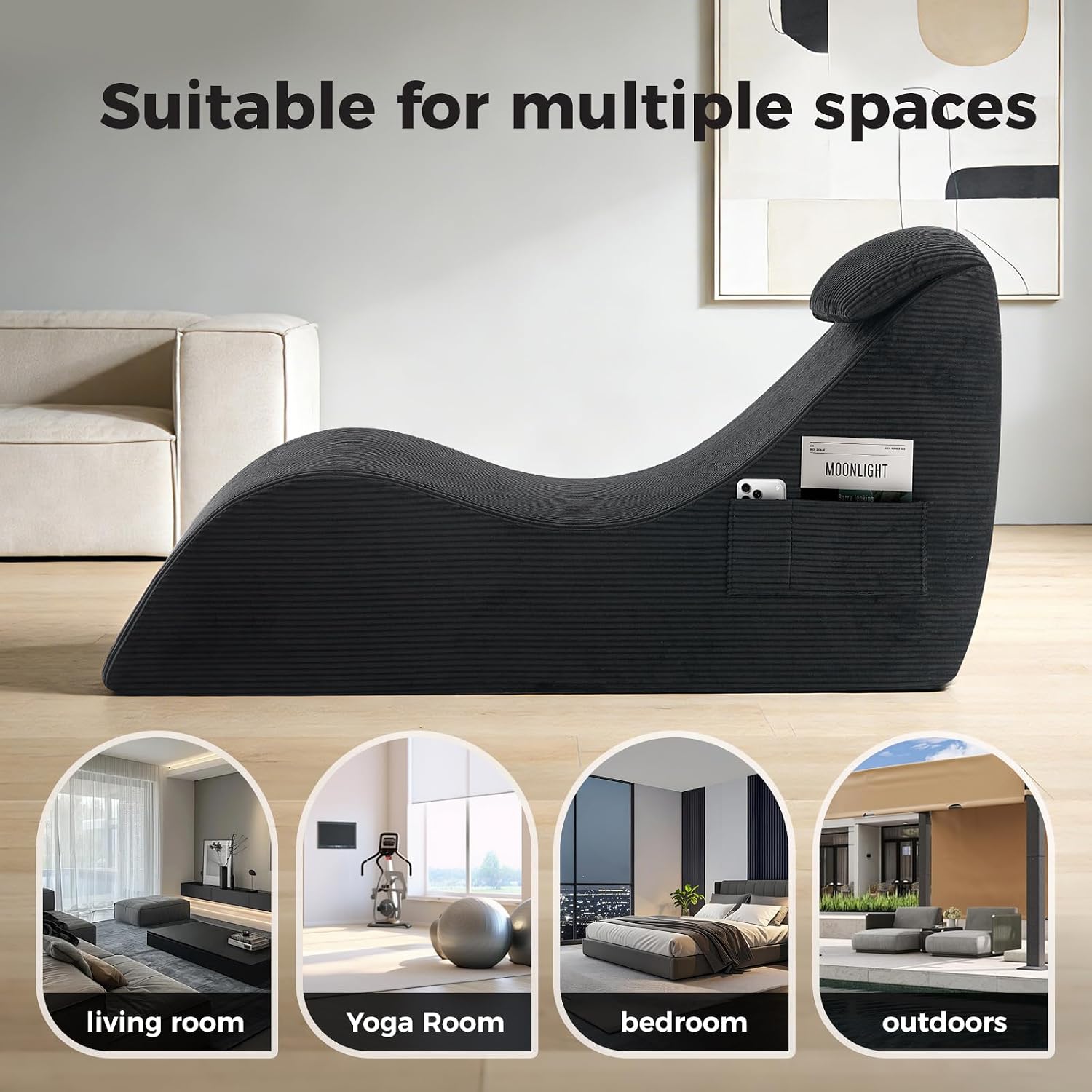 Yoga Chairs for Adults, Ergonomic Chaise Lounge Chair Indoor with Side Pocket, Lumbar Pillow, Ottoman, Yoga Chair Perfect for Stretching, Relaxation, Exercise, Used in Bedroom, Living Room（Black）