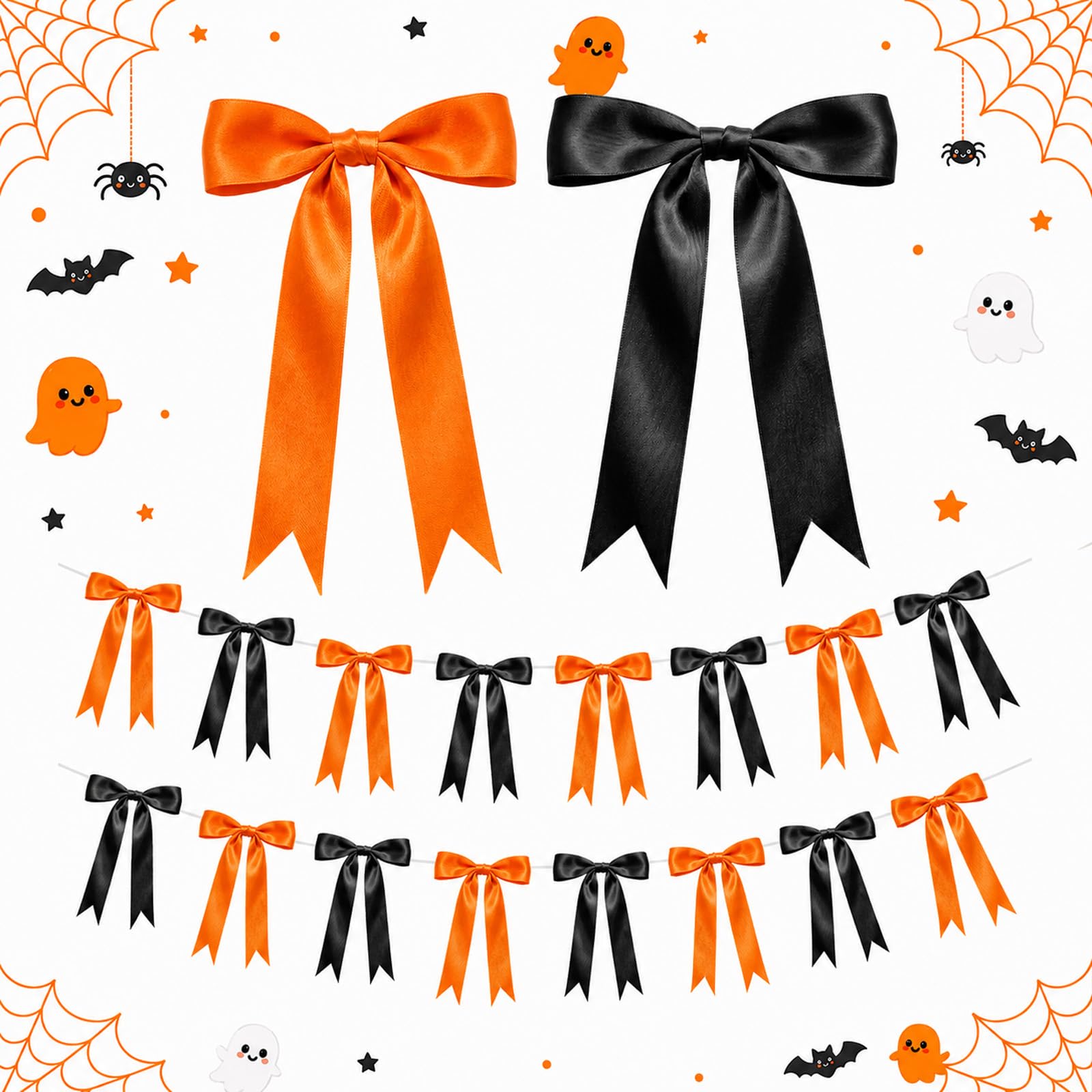 2 Strings Black Orange Bow Garland Banner, Halloween Bows Birthday Decor