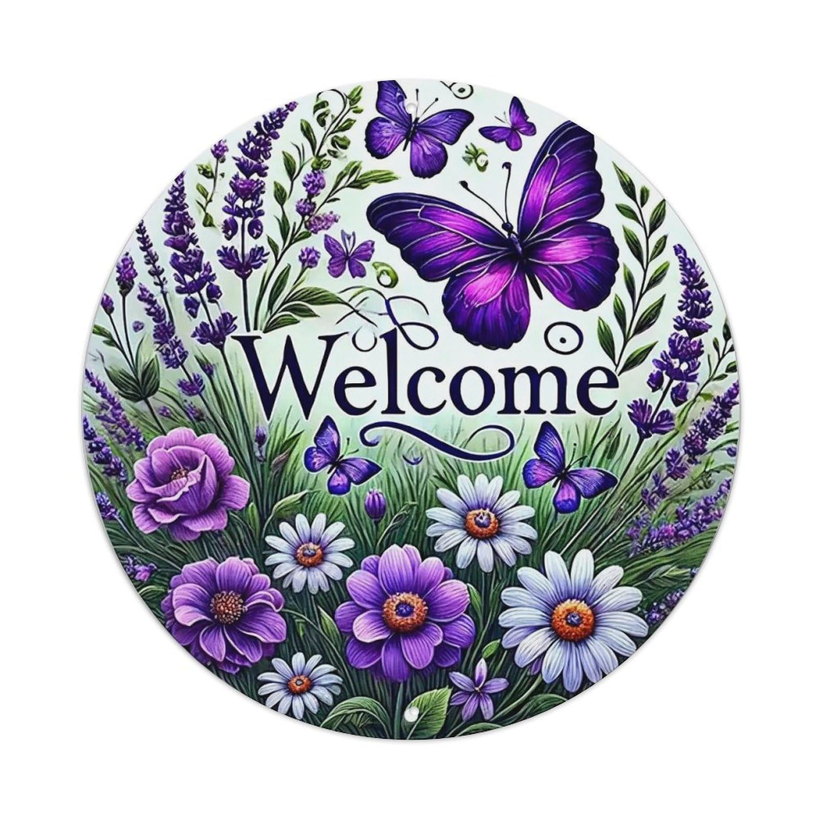 Purple Butterflies Flowers Welcome Garden Round Tin Sign Vintage Metal Sign Home Bar Garden Indoor & Outdoor Wall Decor Retro Metal Poster 8x8 Inch