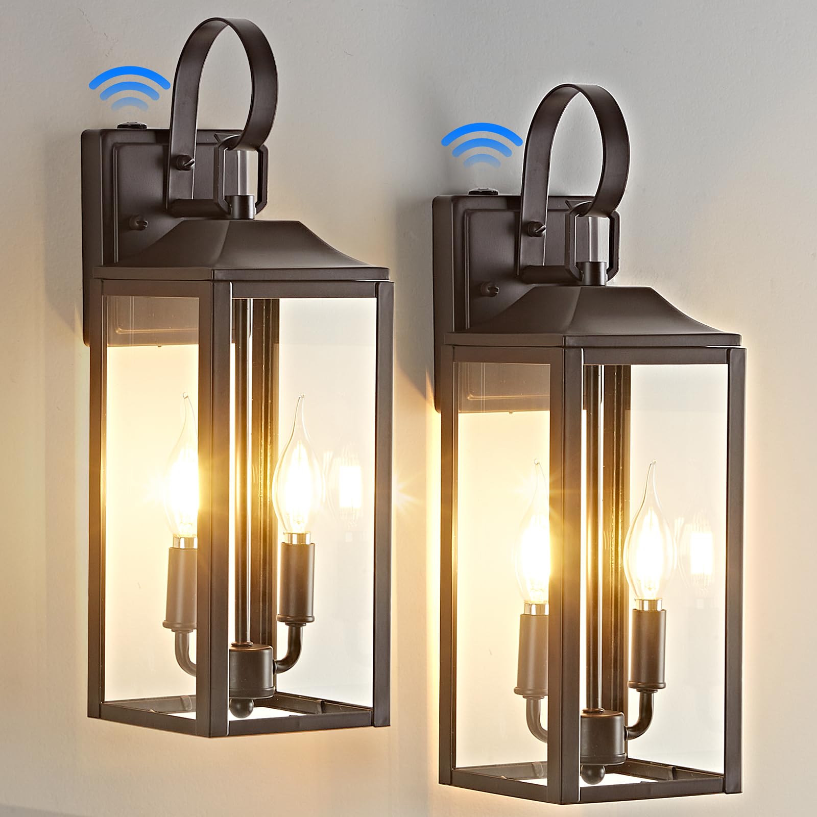 Photo 1 of OKELI 17.6" 2-Pack Dusk to Dawn Outdoor Lighting, Large Exterior Porch Lighting 2-Light Farmhouse Outside Lantern Lights with Clear Glass Waterproof Wall Sconces Lamp for House Garage, Brown