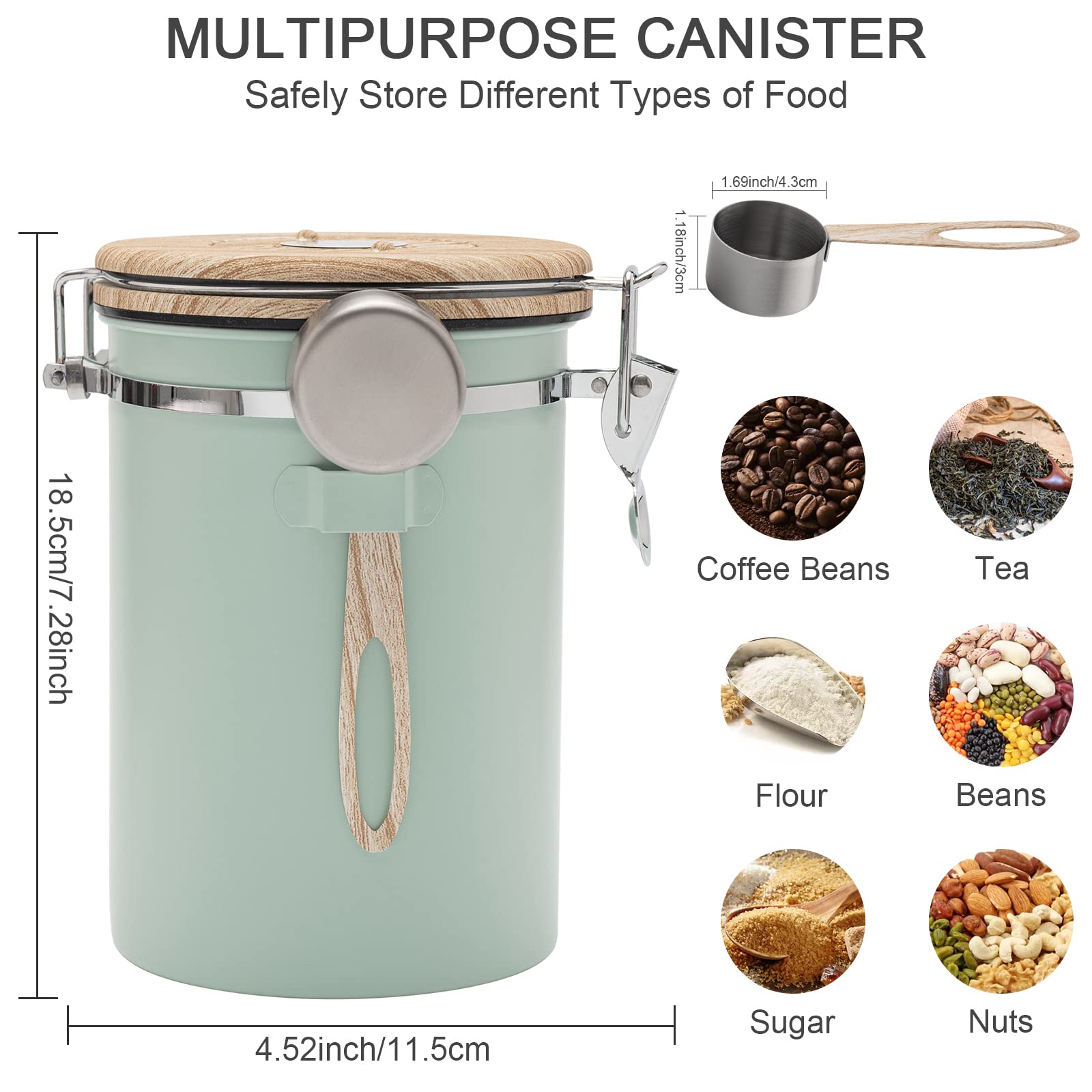 Contenedor de café de acero inoxidable de gran capacidad de 1.8L/60floz con tapa voladiza sellada ventana transparente fecha Tracker y cuchara, verde