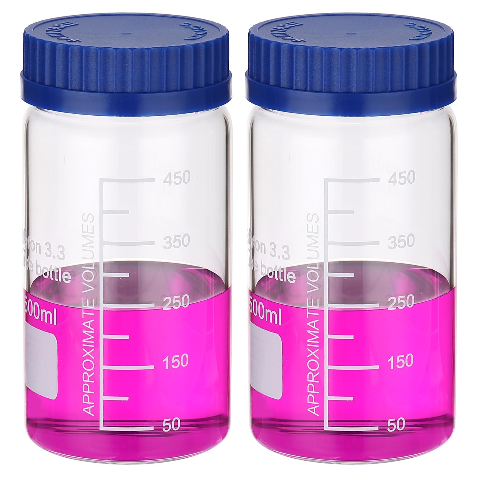 PATIKIL Paquete de 2 botellas de almacenamiento de medios de reactivo, 500 ml, botellas redondas graduadas de boca ancha con tapón de rosca azul GL32 para líquidos reactivos de agua de laboratorio,