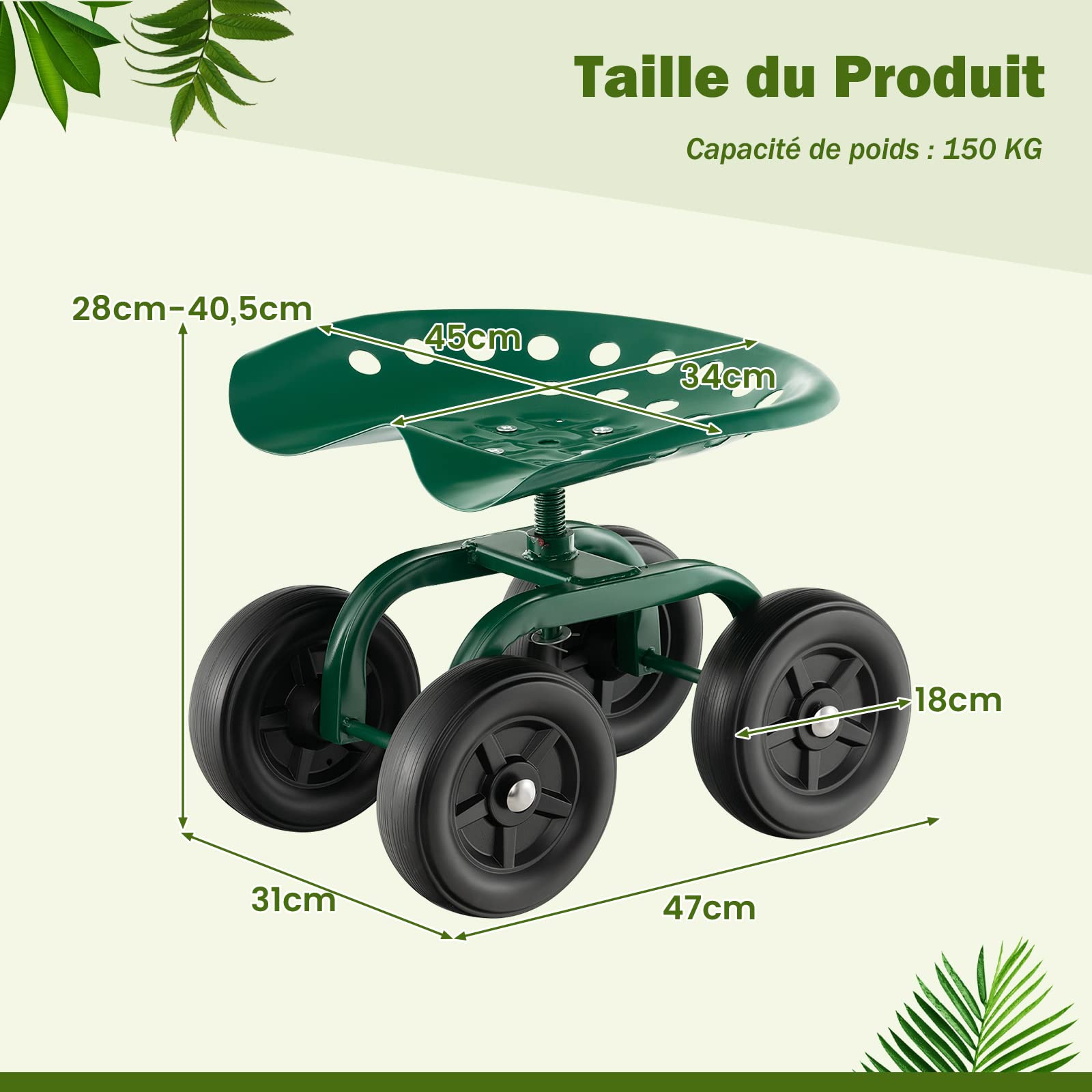 COSTWAY Siège de Jardin Roulant pour Travail avec Hauteur Réglable 28-40,5 cm, Tabouret de Jardinage avec Siège Pivotant à 360° sur Larges Roues Charge 150KG, pour Pelouse Atelier