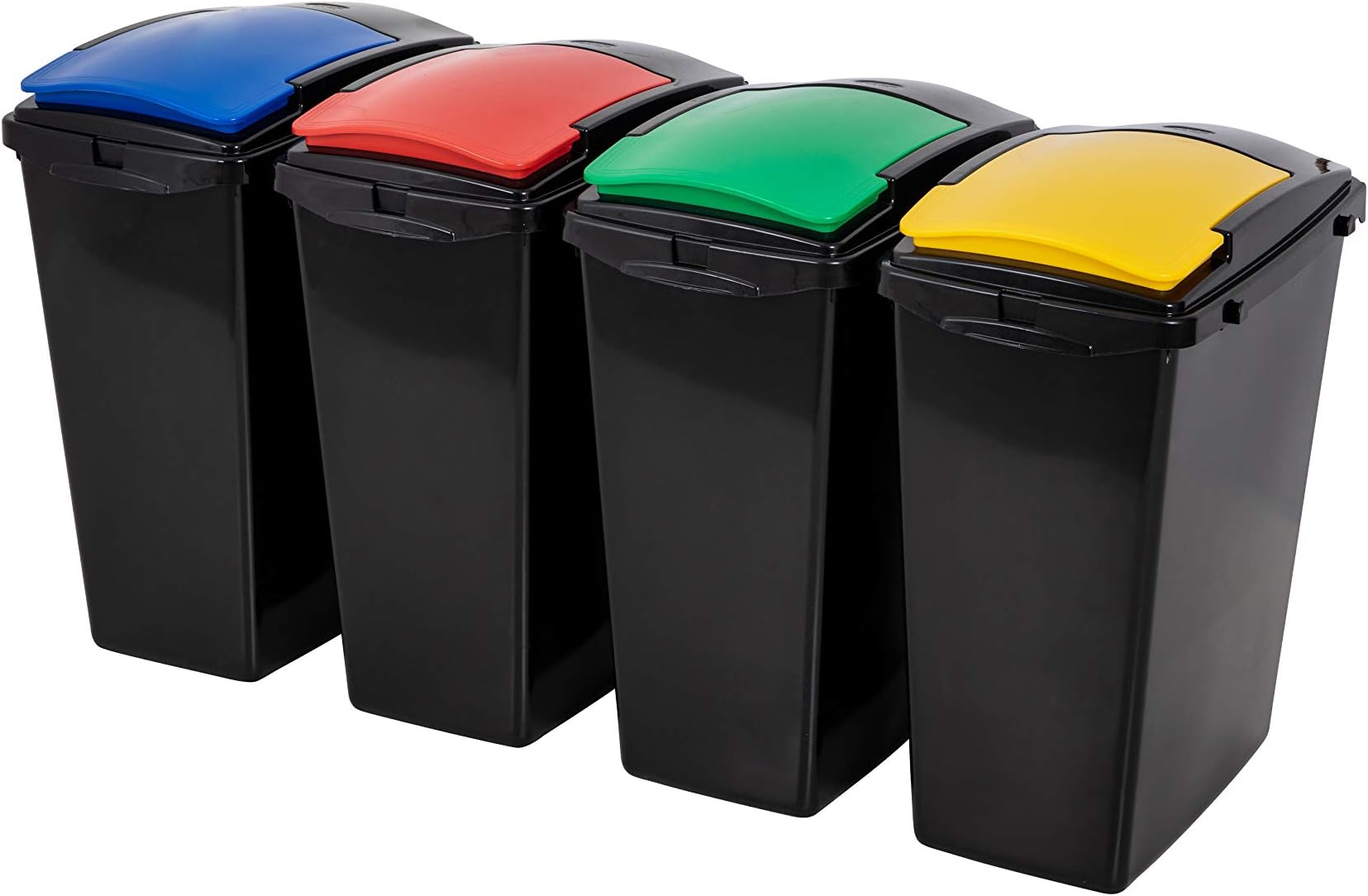 Addis Recycling 40 Litre Set of 4 Waste Utility Plastic Bins Interlocking Clips, Lift, Yellow & Green, Black Colour Coded Lids Red, Blue, Yellow, Green, 4 x 40