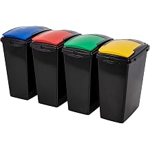 Addis Recycling 40 Litre Set of 4 Waste Utility Plastic Bins Interlocking Clips, Lift, Yellow & Green, Black Colour Coded Lids Red, Blue, Yellow, Green, 4 x 40