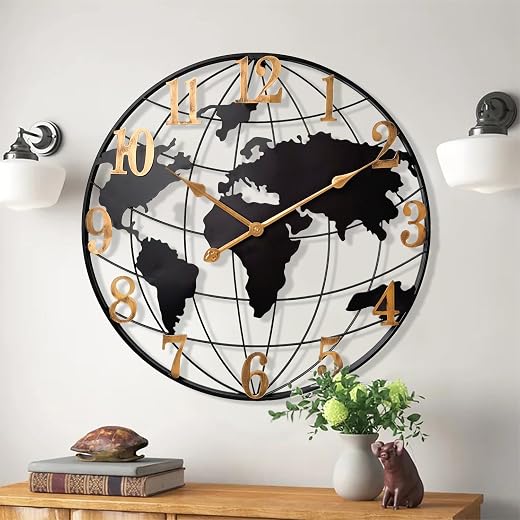 Large World Map Wall Clock, Metal Minimalist Modern Clock,Round Silent Non Ticking Battery Operated