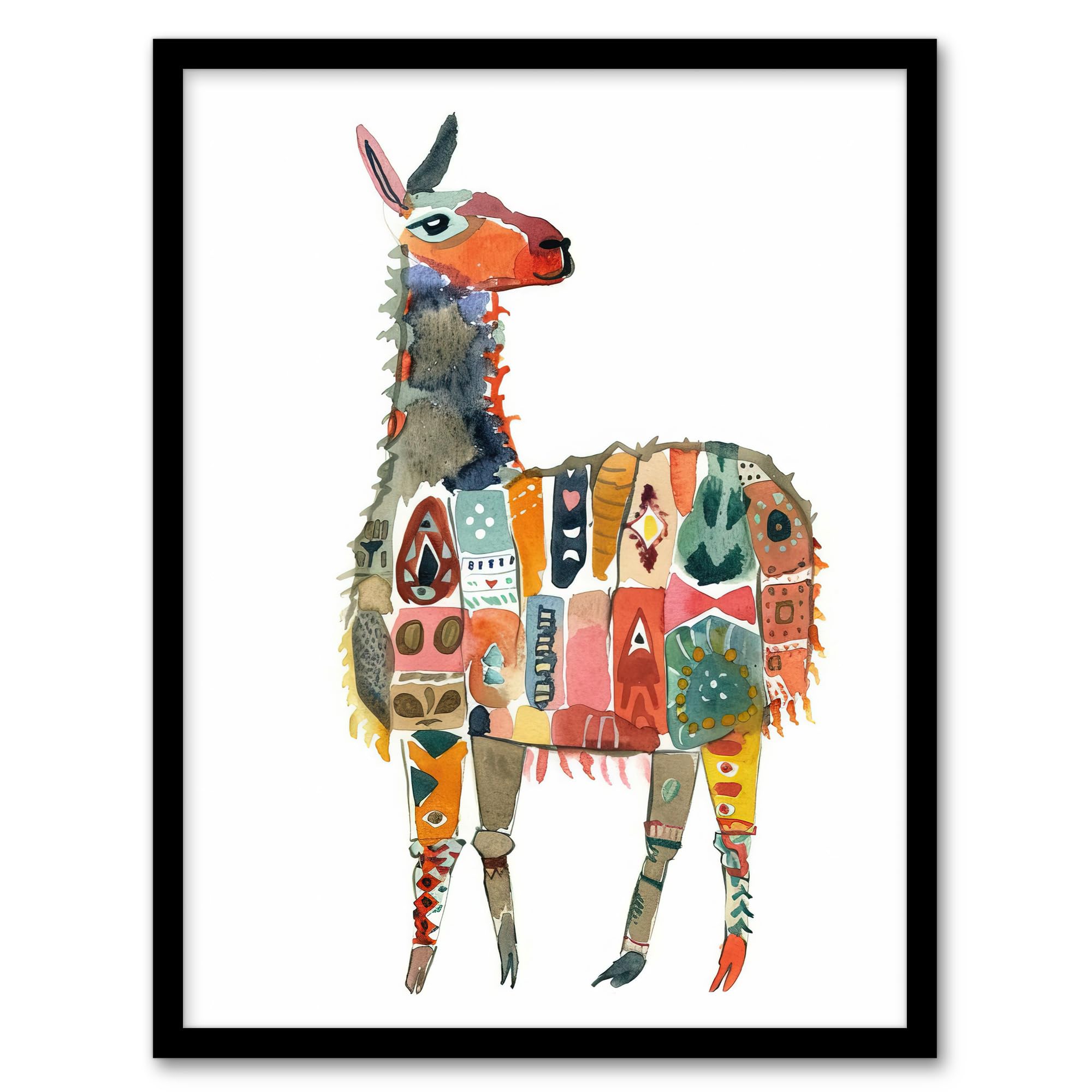 Artery8 Llama With Colourful Folk Patterns Watercolour Living Room Artwork Framed Wall Art Print 18X24 Inch