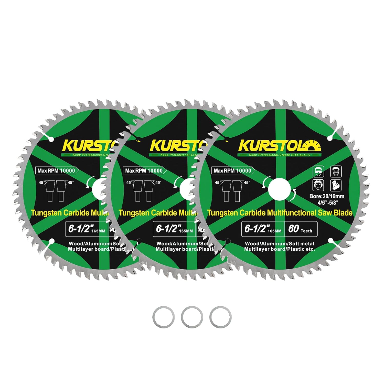 Wood Circular Saw Blade - 3pcs 6-1/2 Inch TCT Cutting Blade 60T Tungsten Carbide Tipped Blade Arbor 15mm-10mm for Wood, Laminates, Aluminum, Copper, Non-Ferrous Metals, Plastic