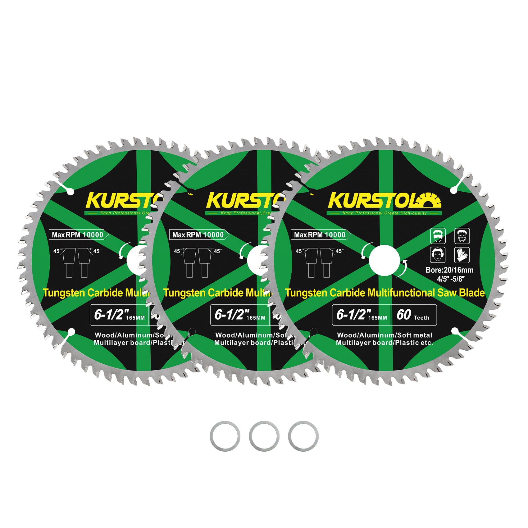 KURSTOL Wood Circular Saw Blade - 3pcs 165mm TCT Cutting Disc 60T Tungsten Carbide Tipped Blade Bore 20mm-16mm for Wood, Laminates, Aluminum, Copper, Non-Ferrous Metals, Plastic