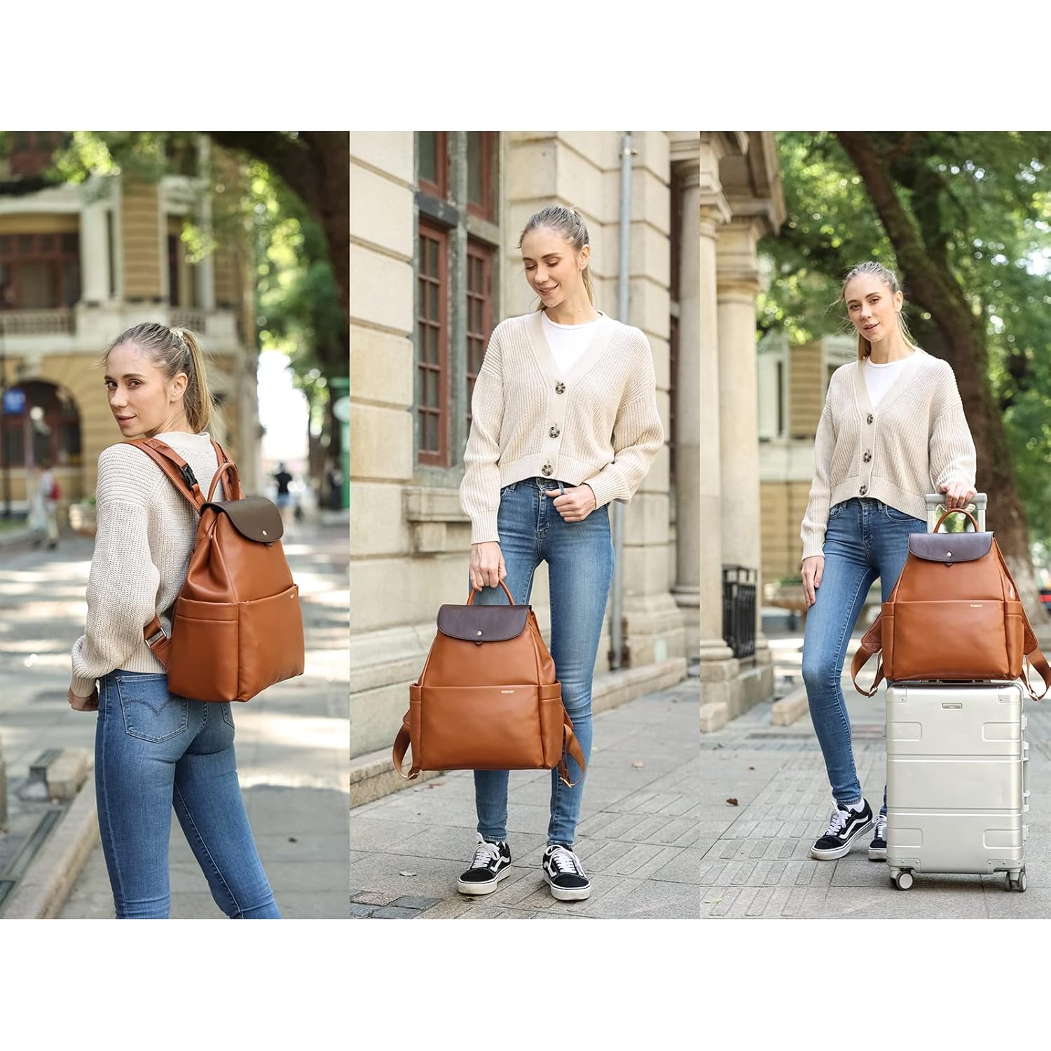 Leather Diaper Bag Backpack, 14 Pockets, Fashion Diaper Bag Leather with Changing Pad, Stroller Straps, Travel Essential Large Diaper Bag, Unisex, Brown