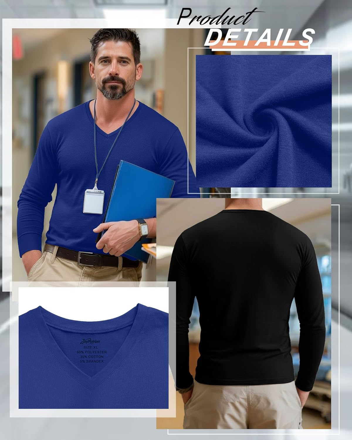 3 Pack Men's Big and Tall Undershirts Long Sleeve V Neck Shirts Base Layer Comfort Basic Tops Under Scrubs - Image 3