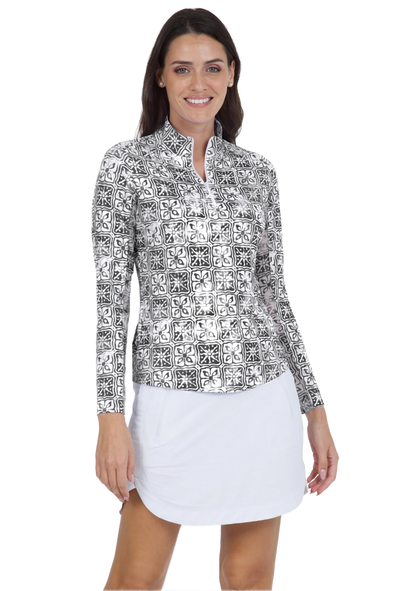 IBKULAthleisure Wear Sun Protective UPF 50+ Icefil Cooling Kathy Print Long Sleeve Mock Neck Top – 10871